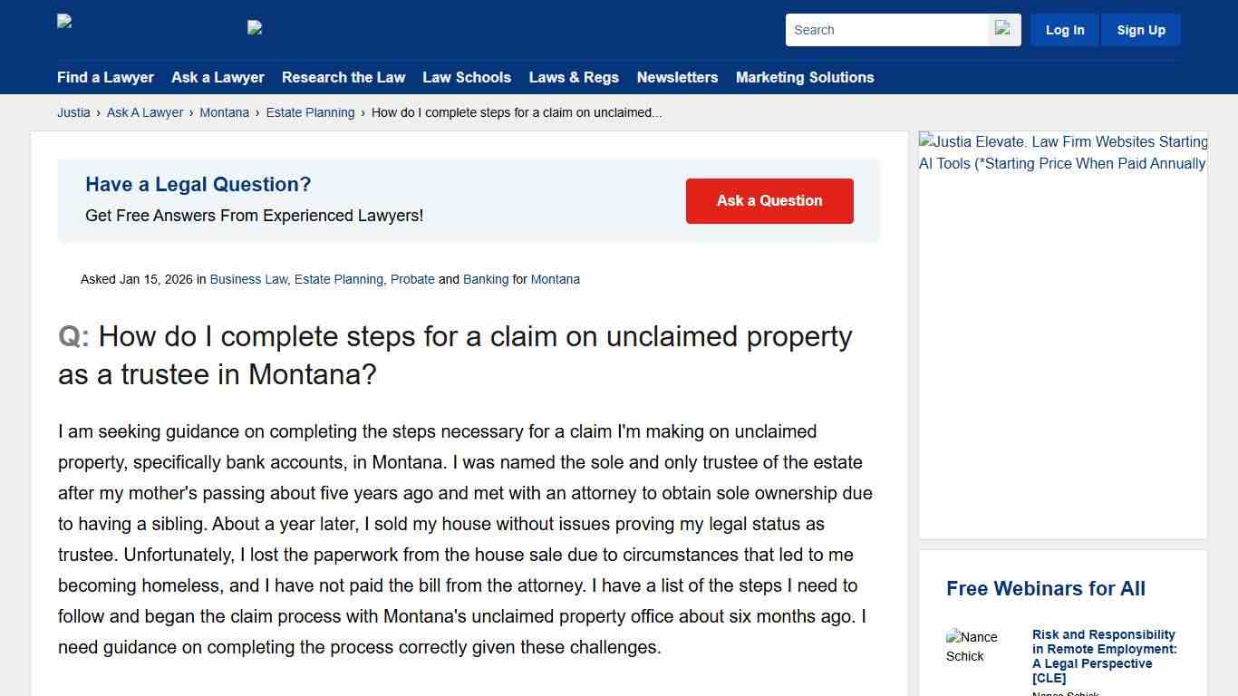 How do I complete steps for a claim on unclaimed property as a trustee in Montana? - Montana Estate Planning Questions & Answers - Justia Ask A Lawyer