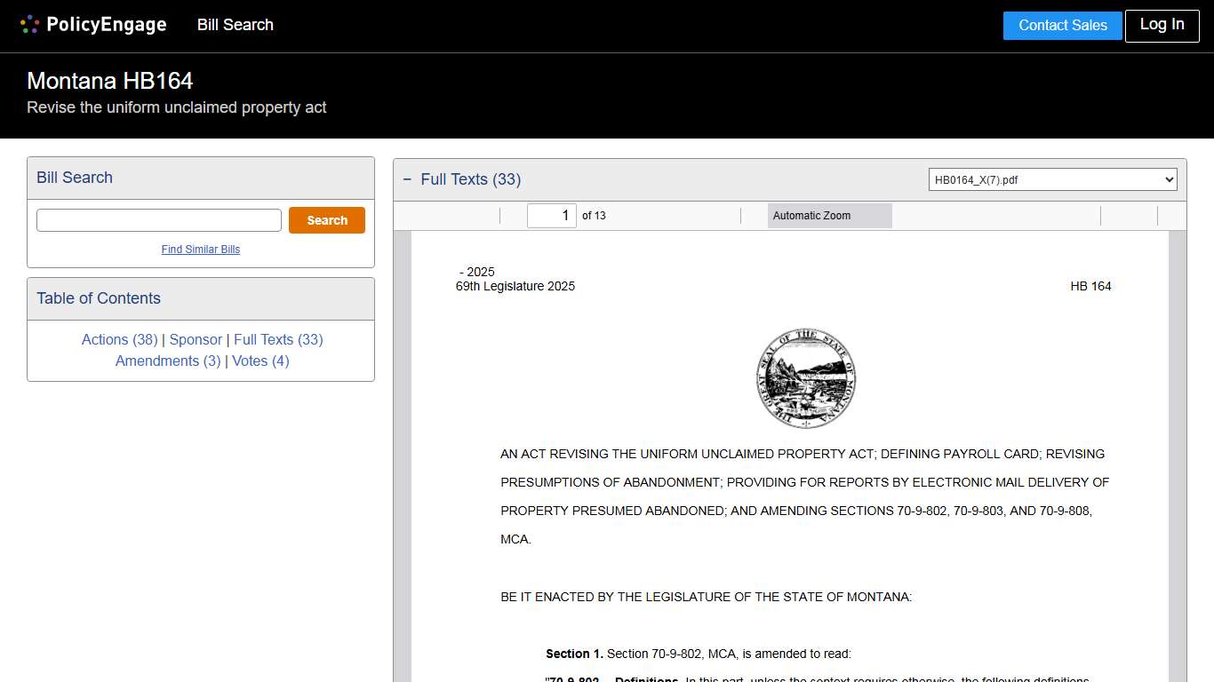 HB164 | Montana 2025-2026 | Revise the uniform unclaimed property act - Legislative Tracking | PolicyEngage